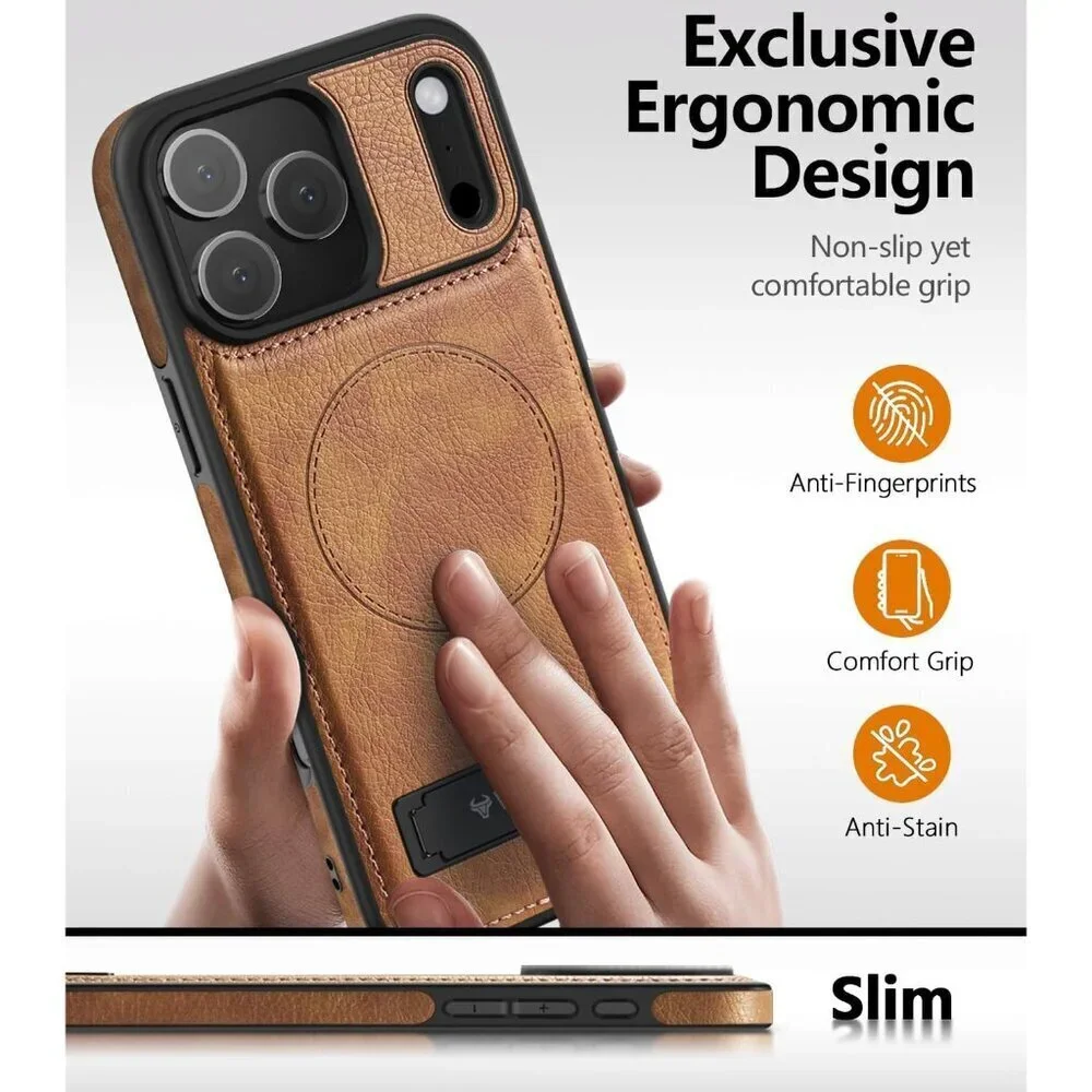 Brown Iphone 17 Pro Max Invisible Stand Protective Slim Kickstand Leather Case
